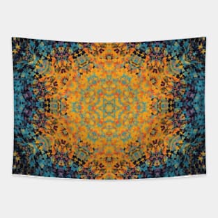 Digital Mandala Yellow Blue and Red Tapestry