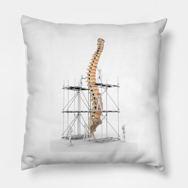 Spine with workers, spine repair (F007/9884) Pillow by SciencePhoto