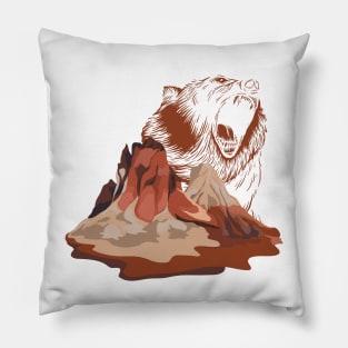 Bear Roaring in Red Mountain Landscape | Gift Idea for Travelers who love Hiking or Camping | Wanderlust Pillow