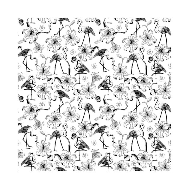 Tropical Flamingo Floral Black and White by Farissa