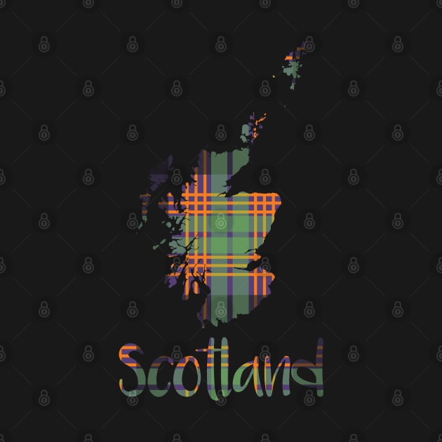 Scotland Halloween Coloured Tartan Map Typography Design by MacPean