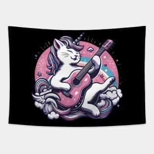 Unicorn Cat Playing Guitar Music Tapestry