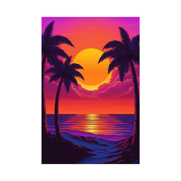 Illustration of an 80s Synthwave retro sunset with palm trees on the beach by mikath