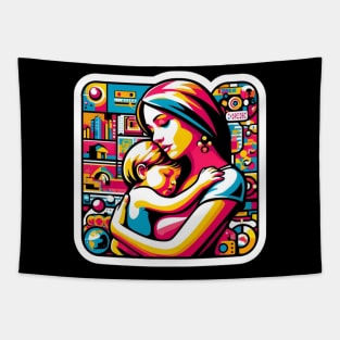 Colorful Mother and Child in the City Love Artwork mother's day Tapestry