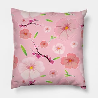 Pink Hibiscus and Sakura Red Background Pillow