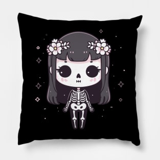 Cute Skeleton in Kawaii Style with Long Hairs | Halloween Skeleton Cute Design Pillow