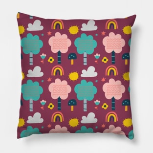 Rainbows, trees, sun, clouds and flowers Pillow