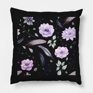 Seamless Pattern of Watercolor Feathers and Flowers Pillow