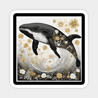 Whale in a Sea of Flowers - Black and White Illustration Magnet