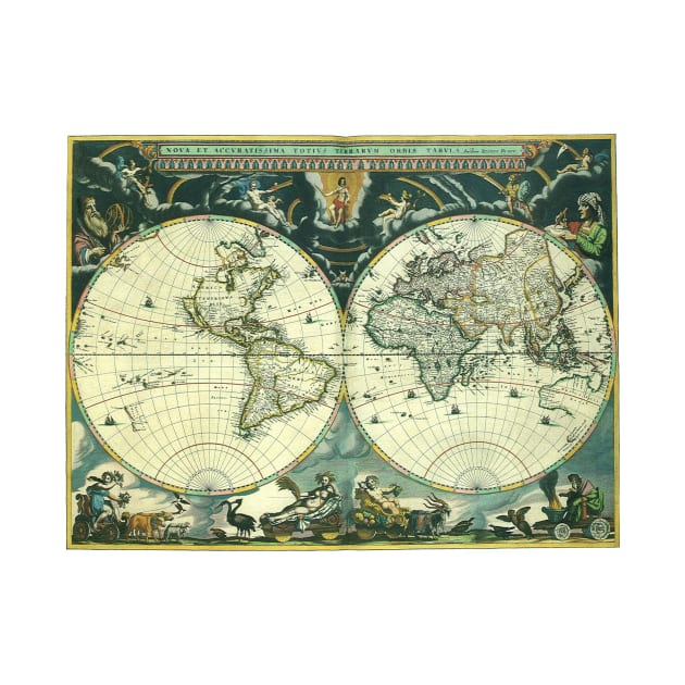 Antique Old World Double Hemisphere Map by Joan Blaeu, 1662 by MasterpieceCafe