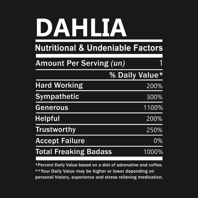 Dahlia Name T Shirt - Dahlia Nutritional and Undeniable Name Factors Gift Item Tee by nikitak4um