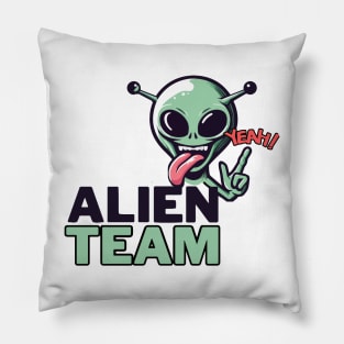 Alien team. Funny alien. Design for ufologists. Pillow