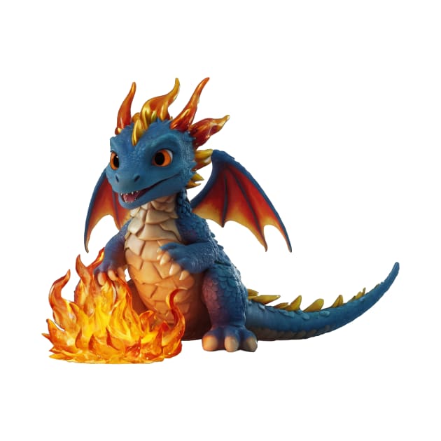 Realistic Cute Blue Baby Dragon with Campfire by Cuteopia Gallery