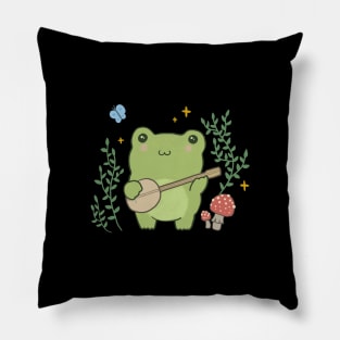 Frog Playing Banjo and Edgy Mushroom: A Kawaii Cottagecore Adventure Pillow