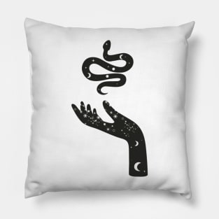 Crescent Moon and Snake With Moon Phases and Wild Flowers Held By Celestial Hand Pillow