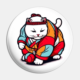 Classic Sumo Kitty: Retro Cat as a Sumo Wrestler Shirt Pin