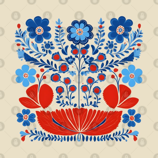 Red and Blue Scandinavian Folk Art Flowers by craftydesigns