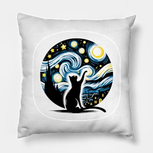 Starry Night Sky Black Cat Silhouette, Van Gogh, Artistic Pillow