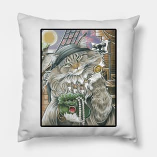 Cat Pirate Treasure - Black Outlined Version Pillow