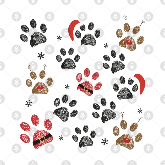 Paw prints with Santa Claus, deer and red hat by GULSENGUNEL