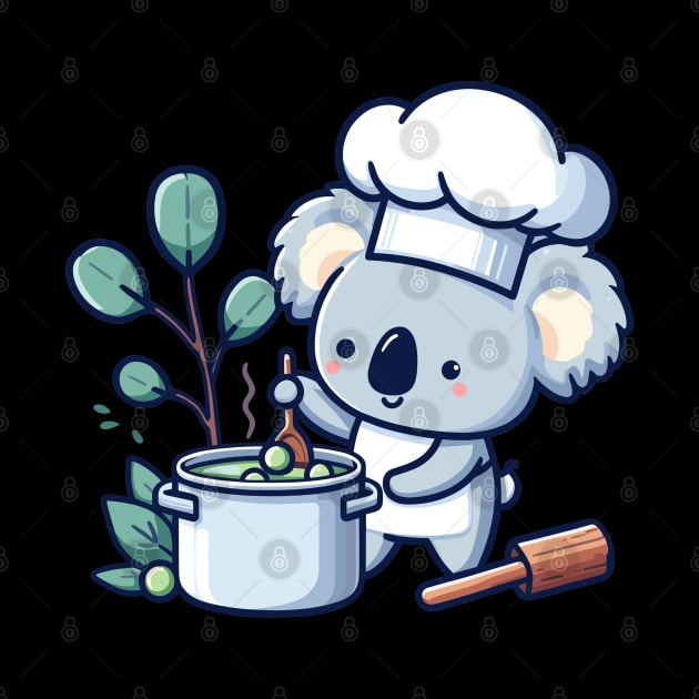 Cute koala chef holding pot with soup, koala bear cooking illustration, koala lover chef design by Nora Liak