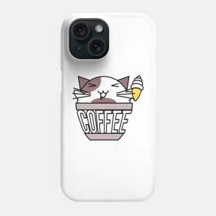 Cat in coffee cup with warped text holding ice cream white and brown Phone Case