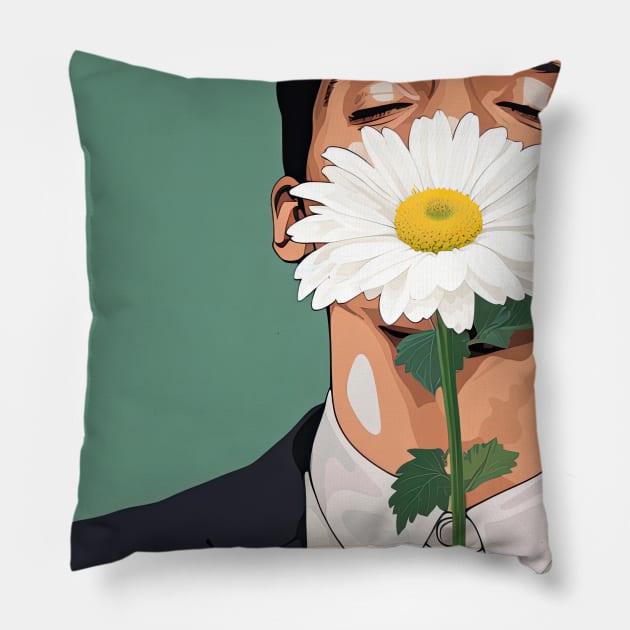 man smelling flower Pillow by obstinator