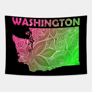 Colorful mandala art map of Washington with text in pink and green Tapestry