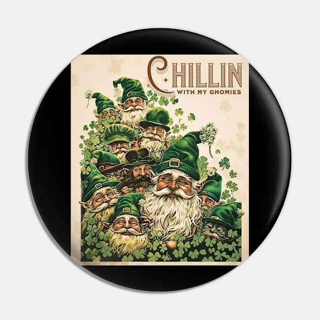 Chillin' with My Gnomies Retro Vintage Illustration Pin by TeeTrendz