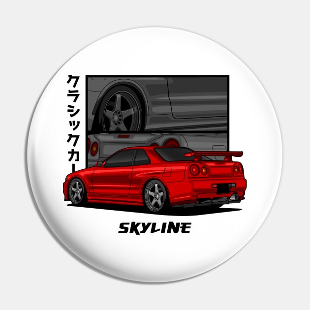 JDM Red Skyline R34 GTR Pin by GoldenTuners