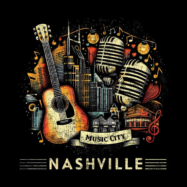 Vintage Nashville Music City Distressed Collage by Mad Monkey Creations