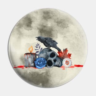 Full Moon Raven on a Skull Pin