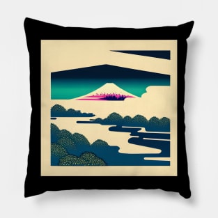 Mount Fuji surrounded by trees and river. Pillow