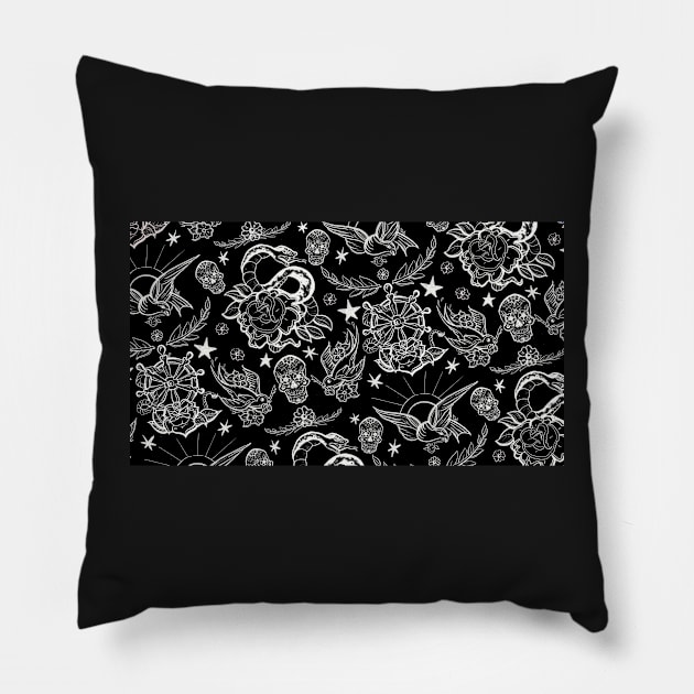 Black and White Inked Alternative Flash Pattern Pillow by IrenesGoodies