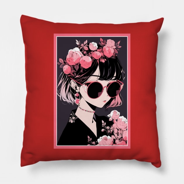 Aesthetic Anime Girl Pink Rosa Black | Quality Aesthetic Anime Design | Chibi Manga Anime Art Pillow by AlNoah