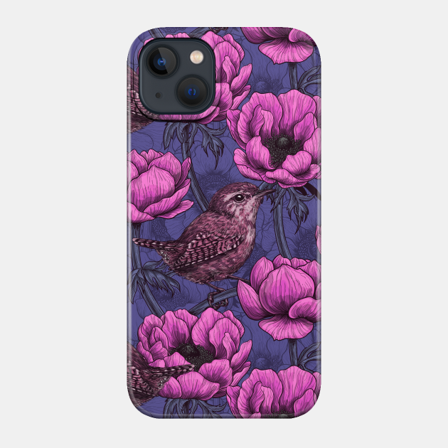 Wrens in the anemone garden - Flower - Phone Case