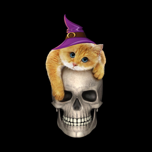 Cute Halloween Cat On Skeleton Skull With Witches Hat Halloween
