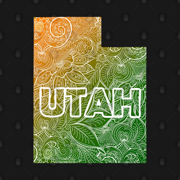 Colorful mandala art map of Utah with text in green and orange by Happy Citizen