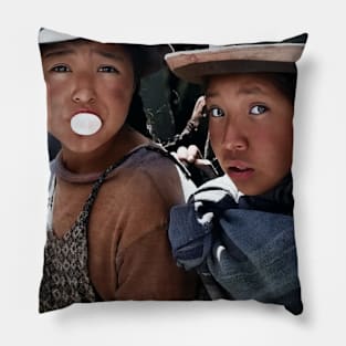 Colorized vintage Friends in Bolivia Pillow
