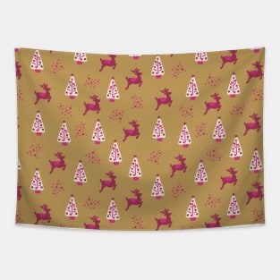 Pink reindeer and Christmas trees on gold Tapestry