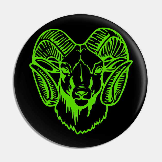 Mascot Head of a Ram (Drawing - Illustration) Bright Green Pin by Semenov