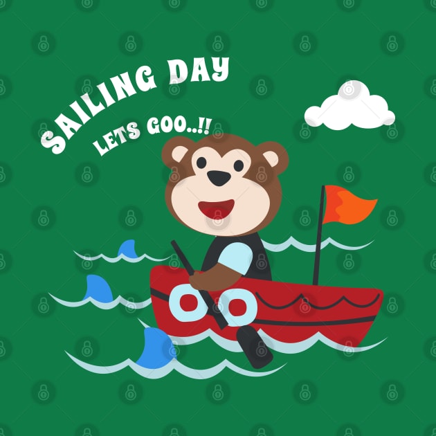 Funny monkey sailor cartoon vector on little boat with cartoon style. by KIDS APPAREL