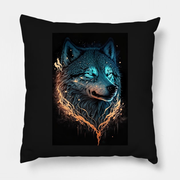 Cool Wolf portrait with teal and orange glow Pillow by KoolArtDistrict