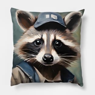 Cute Raccoon Portrait Art Oil Painting Pillow