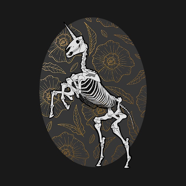 Skeleton Unicorn With Gold Flowers by JBeasleyDesigns