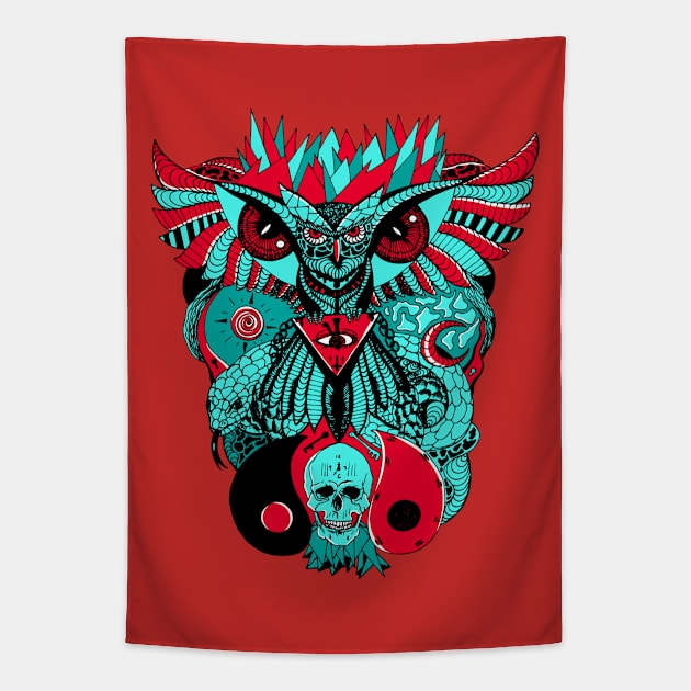 Turqred Wise Owl And Ageless Skull Tapestry by kenallouis