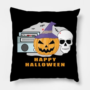 Happy Music Halloween - Spooky Skull, Pumpkin & Radio Pillow