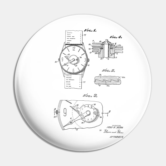 Push Button Time Zone Watch Vintage Patent Hand Drawing Pin by TheYoungDesigns