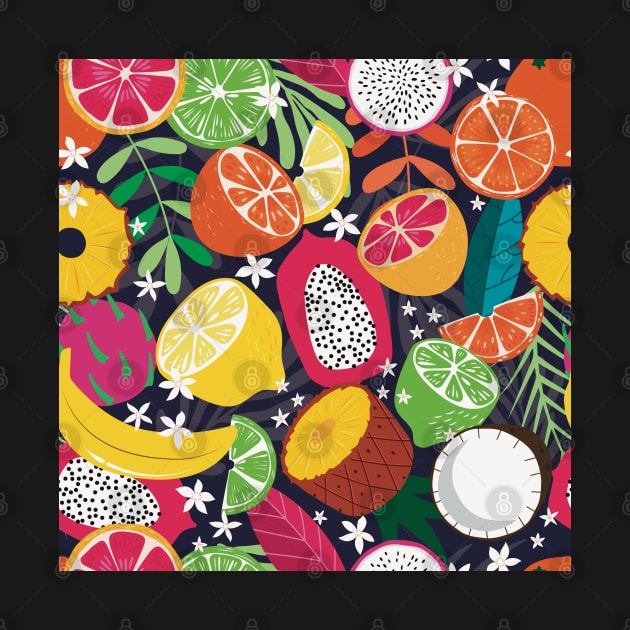 Colorful, juicy pattern with tropical fruits like lemon, pineapple, coconut, pitaya, dragonfruit, lime, banana, orange on dark background by marina63