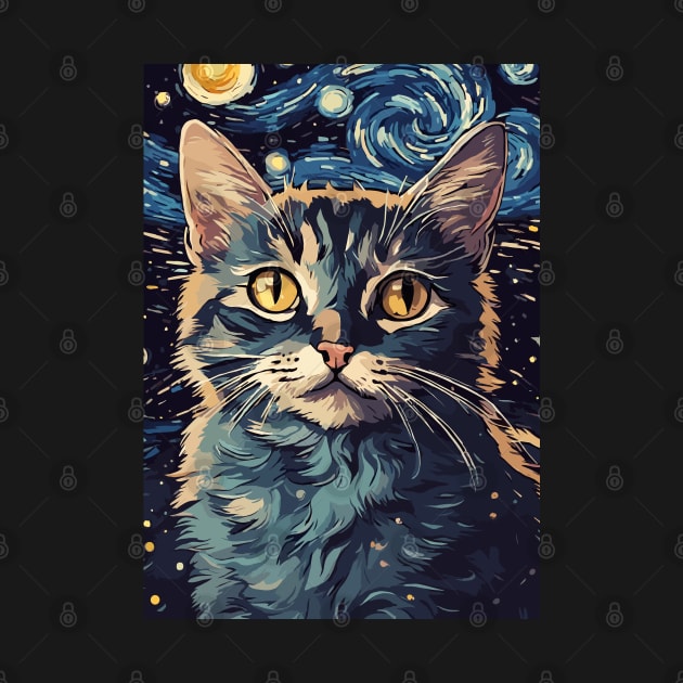 Cute Black Cat Painting in a Van Gogh Starry Night Art Style by Art-Jiyuu